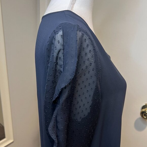 Express Navy Sheer Ruffled Polka Dot Sleeve Blouse, Size Medium - Picture 10 of 16